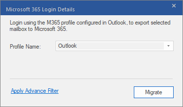 Choose Microsoft 365 profile name which you already configured on your system and then click on “Migrate”.